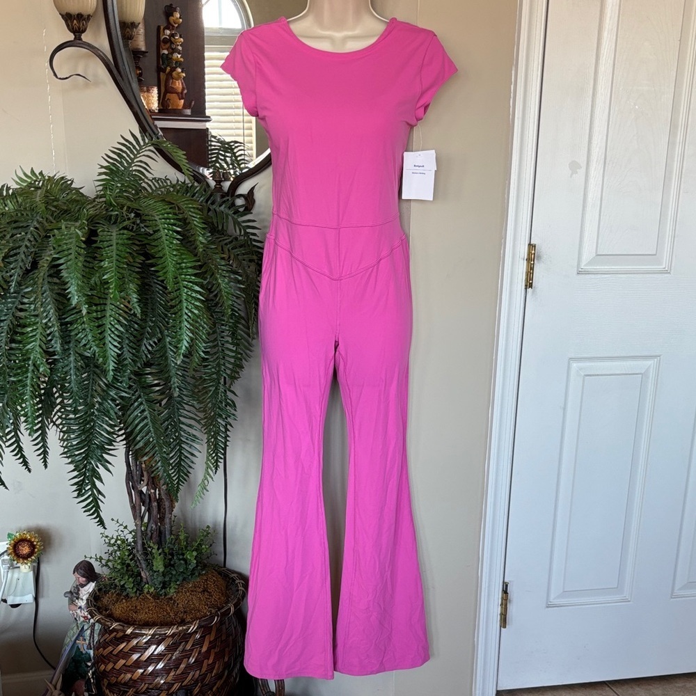 Brand New JoyLab Pink Bodysuit Flare Leg Removable Pads Scoop Back Activewear